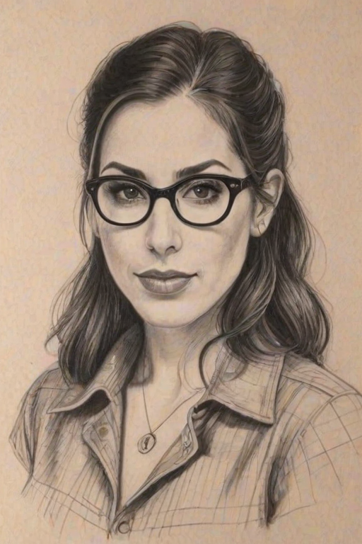 Pleasing Carly Pope, pencil sketch, portrait of Fascinating woman 1937s in glasses, hair style beatnik, outline, clear lines, fine lines, 8k