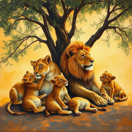 a beautiful realistic oil painting of a Lioness and Lion laying next to each other in a small shade tree while their cubs are playing around them.  1 cub is playing with The lions tail and 1 is biting the lionesses ear.  Setting is African desert.  The scene is warm and serene