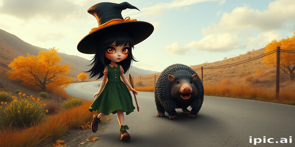 digital art fantasy depicting a strange girl with black hair, long eyelashes, orange lipstick and a tall hat walking along a winding road on an autumn afternoon, an armadillo smiles as he passes