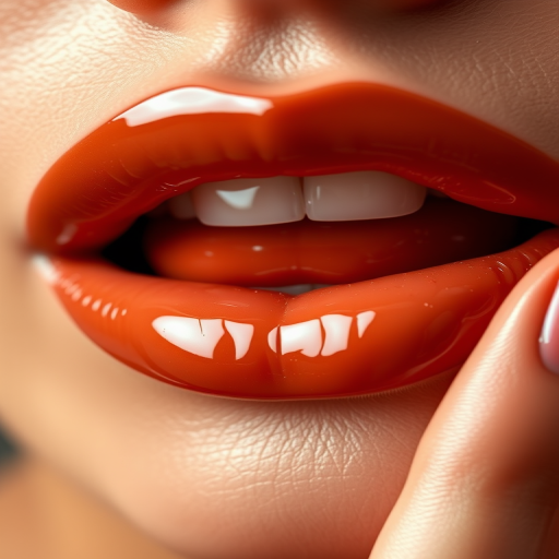 Glossy caramel lips with a high-shine finish, warm and inviting, evoking thoughts of sweet indulgence and sensuality