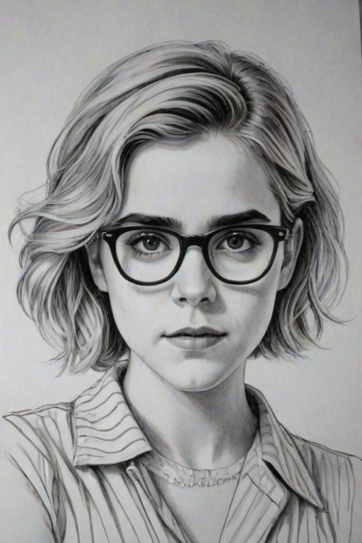 Fascinating Kiernan Shipka, pencil sketch, portrait of Dazzling woman 1929s in glasses, hair style beatnik, outline, clear lines, fine lines, 8k