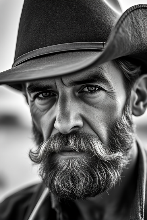 Create a high-resolution black and white portrait of a bearded man wearing a cowboy hat, close-up shot, 50mm lens, aperture f/1.8, ISO 200, natural lighting, DSLR camera.