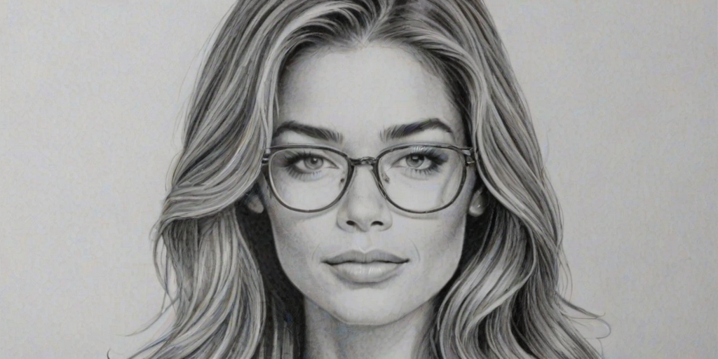 Delightful Denise Richards, pencil sketch, portrait of Appealing woman 1974s in glasses, hair style beatnik, outline, clear lines, fine lines, 8k