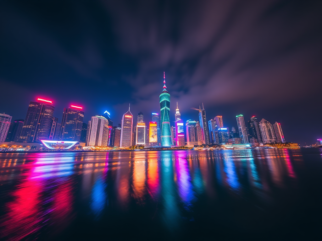 Create a vibrant city skyline at night with reflections on water, use a wide-angle lens, f/8 aperture, 30-second exposure, ISO 100, captured with a DSLR camera, low angle view for dramatic effect, emphasize colorful neon lights and their reflections on the water surface.