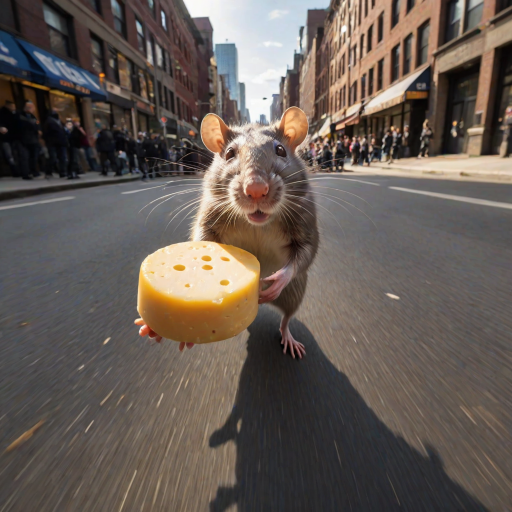 rat holding cheese is (running:1.05) to the viewer, (motion blur:1.1), (police running:1.2), (dynamic:1.1), sun rays, newyork, (taken by go pro:1.3), (taken by 7.5mm fisheye lens:1.1)