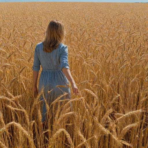 Golden wheat field stretching out under a clear blue sky, a woman walks slowly through the field, her hands brushing the tops of the wheat as she passes.