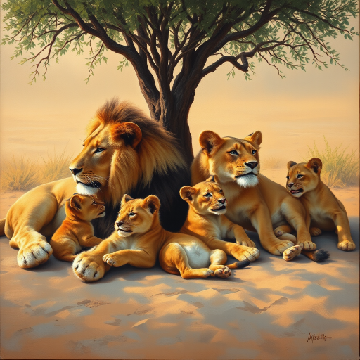 a beautiful realistic oil painting of a Lioness and Lion laying next to each other in a small shade tree while their cubs are playing around them.  1 cub is playing with The lions tail and 1 is biting the lionesses ear.  Setting is African desert.  The scene is warm and serene