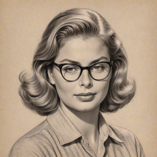 Delightful Ingrid Bergman, pencil sketch, portrait of Beauteous woman 1946s in glasses, hair style beatnik, outline, clear lines, fine lines, 8k