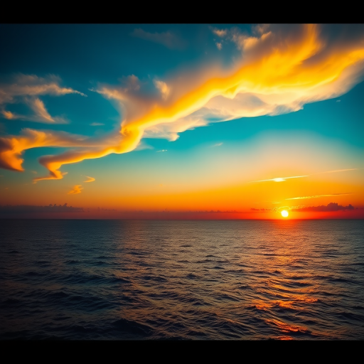 Generate a high-resolution image of a vibrant sunset over a calm ocean, with a wide-angle view, using a DSLR camera at f/11, ISO 100, and a shutter speed of 1/60 seconds for optimal depth and clarity.