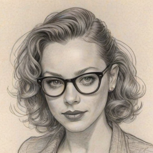 Captivating Bijou Phillips, pencil sketch, portrait of Radiant woman 1938s in glasses, hair style beatnik, outline, clear lines, fine lines, 8k