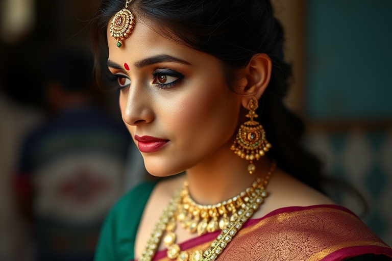 Create a portrait of a woman in traditional Indian attire, focusing on her intricate jewelry and elegant expression, use a 50mm lens at f/1.8 for a shallow depth of field, natural light to enhance skin tone, shot from a slightly elevated angle to emphasize her profile, using a full-frame DSLR camera for high-resolution quality.