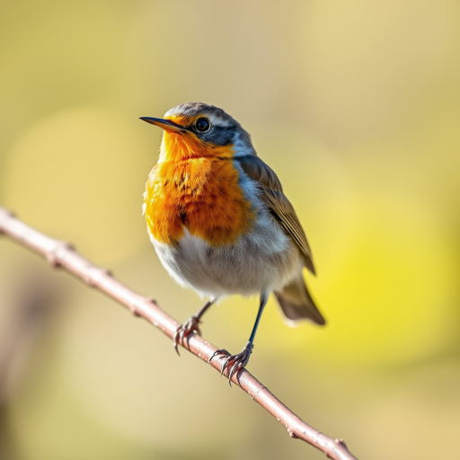 Capture a clear, high-resolution image of a robin perched on a slender branch with soft bokeh in the background, using a Canon EOS R5 with a 100mm f/2.8 macro lens, aperture set to f/4, ISO 200, shutter speed 1/500 sec, in natural light for vibrant colors and detail.
