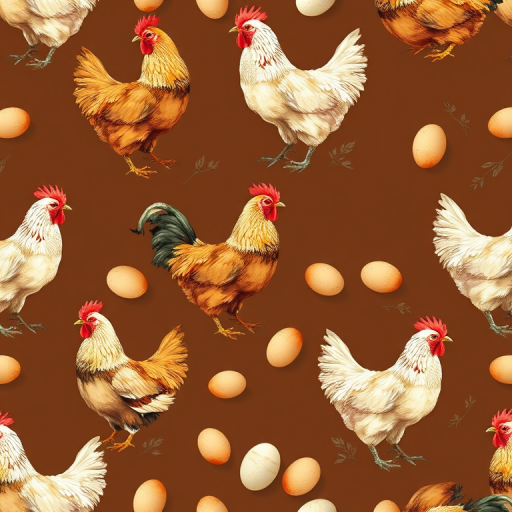 Create a seamless pattern featuring various hand-painted chickens in different poses and colors on a rich brown background, integrating realistic eggs scattered throughout, shot with a DSLR camera at f/8, ISO 100, 50mm lens with a shallow depth of field for enhanced texture details.