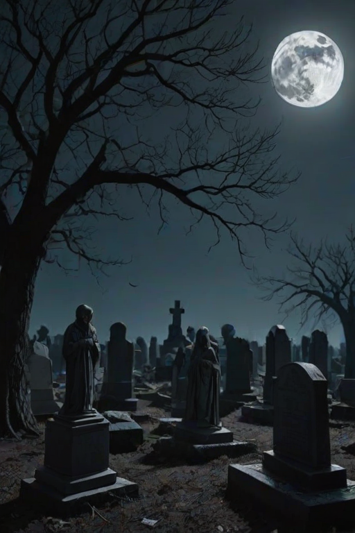 A dark, eerie scene set in a graveyard under a full moon. The main subject is a group of five humanoid figures, each with a distinct appearance and body language, appearing to be in a state of panic or distress. The color palette is dominated by deep blues and blacks, with the moon casting a soft glow on the scene. The figures are clothed in tattered, dark clothing, and their skin texture is rough and uneven. The graveyard is littered with tombstones and debris, and the background features barren trees, adding to the somber atmosphere. The overall style of the image is reminiscent of a horror or thriller genre, with a focus on creating a sense of dread and unease.