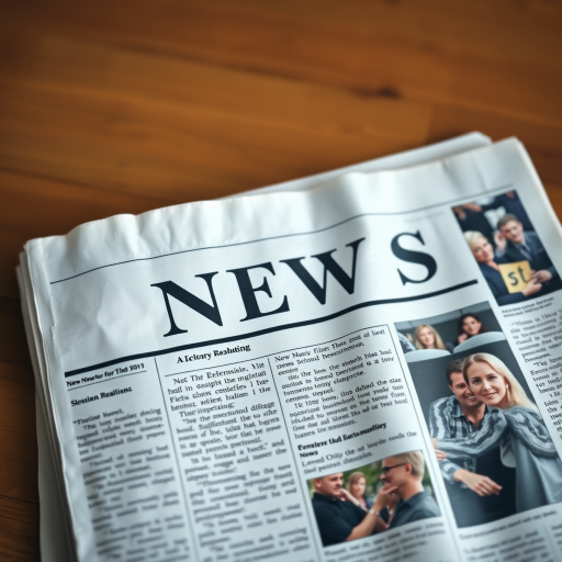 Create a high-resolution newspaper image with a clean layout showing the headline "NEWS" prominently, use a 50mm lens, aperture f/2.8, ISO 100, shot from a top-down view with a soft focus background, using a DSLR camera for enhanced clarity.