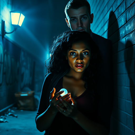 A young woman with deep brown skin and long, curly black hair stands in a dimly lit alley, her eyes wide with fear. She clutches a small, glowing amulet in her hand. A tall, pale man with sharp features and piercing blue eyes looms over her, his expression cold and calculating. The scene is bathed in a cold blue light from a nearby streetlamp, casting long, ominous shadows. The background is gritty and urban, with graffiti-covered walls and discarded trash. The style is reminiscent of Christopher Nolan's dark, moody cinematography, with high contrast and a blue tint. Film grain adds to the gritty, realistic texture.