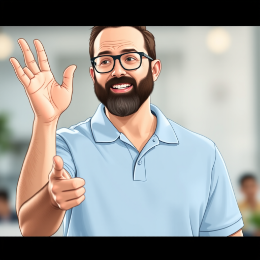 Create a high-resolution digital illustration of a man with a beard and glasses, wearing a light blue polo shirt, gesturing with one hand raised and the other pointing, using a DSLR camera at 50mm, f/1.8 aperture, ISO 100, in soft natural lighting and a shallow depth of field for background blur.