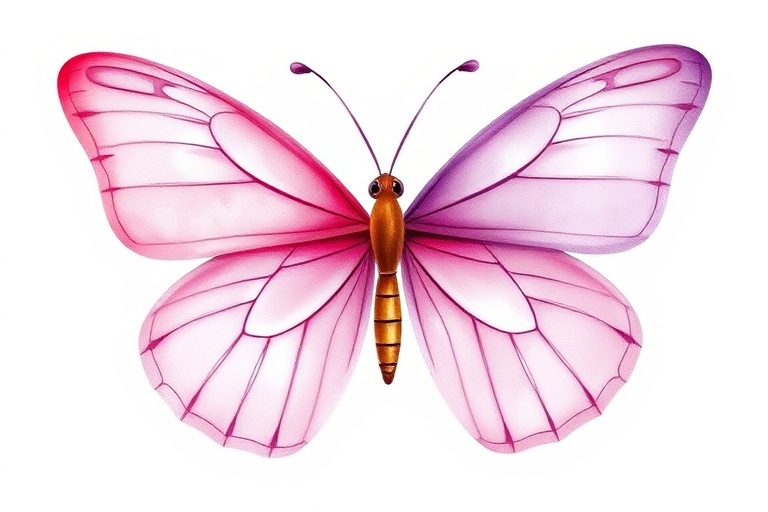 Create a watercolor illustration of a butterfly with soft pink and purple hues. The wings should have delicate details and a gentle gradient from light pink to deeper purple, showcasing the intricate patterns. The body of the butterfly should be slender and brown, adding contrast to the vibrant wings.