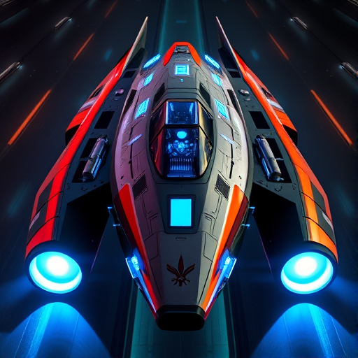 futuristic spaceship design with sleek lines and glowing blue engines, shot with a DSLR camera at f/2.8, ISO 100, 18mm lens, overhead angle, high dynamic range, vivid colors, sharp focus