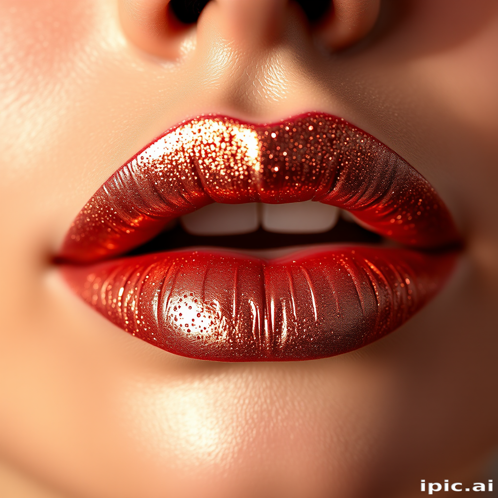 Shimmering rose gold lips glisten with metallic sheen, reflecting light in a mesmerizing display of luxury and sophistication, perfect for glamorous close-up shots