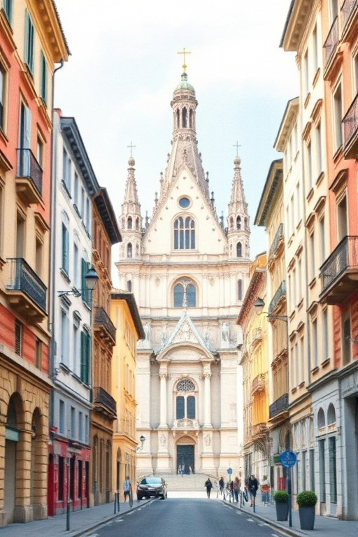 Create a high-resolution watercolor style illustration of a grand cathedral at the end of a picturesque street with historical buildings, soft natural lighting, shot with a DSLR camera at f/8 aperture, 35mm lens, ISO 200, and a slightly elevated angle for depth.