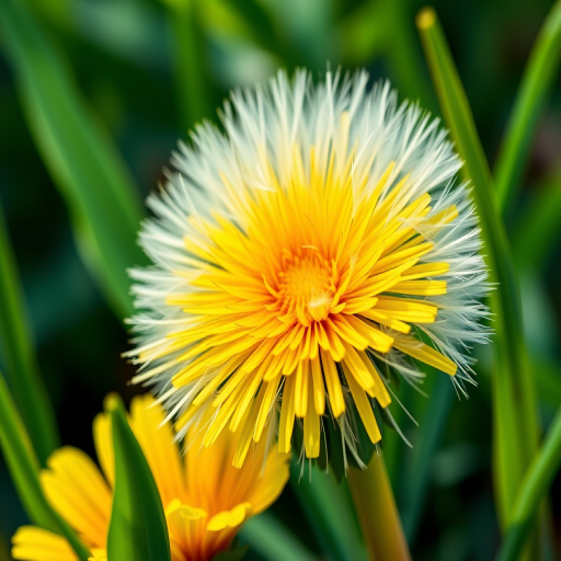 Create a vibrant illustration of a dandelion with a bright yellow flower and lush green leaves, using a macro lens at f/2.8, 1/200s exposure, ISO 100, shot from a low angle to emphasize detail and depth, digital art style.