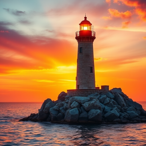 Generate an image of a tall lighthouse perched on a rocky outcrop surrounded by calm ocean waters during a breathtaking sunset. The lighthouse stands sturdy and weathered, its stone surface illuminated by the warm golden light of the setting sun. The sun's rays pass directly through the glass lantern room at the top of the lighthouse, casting a brilliant light across the scene. The sky is painted with vibrant shades of orange, pink, and purple, reflecting off the tranquil sea. The surrounding water shimmers with the same warm hues, creating a serene and majestic atmosphere.