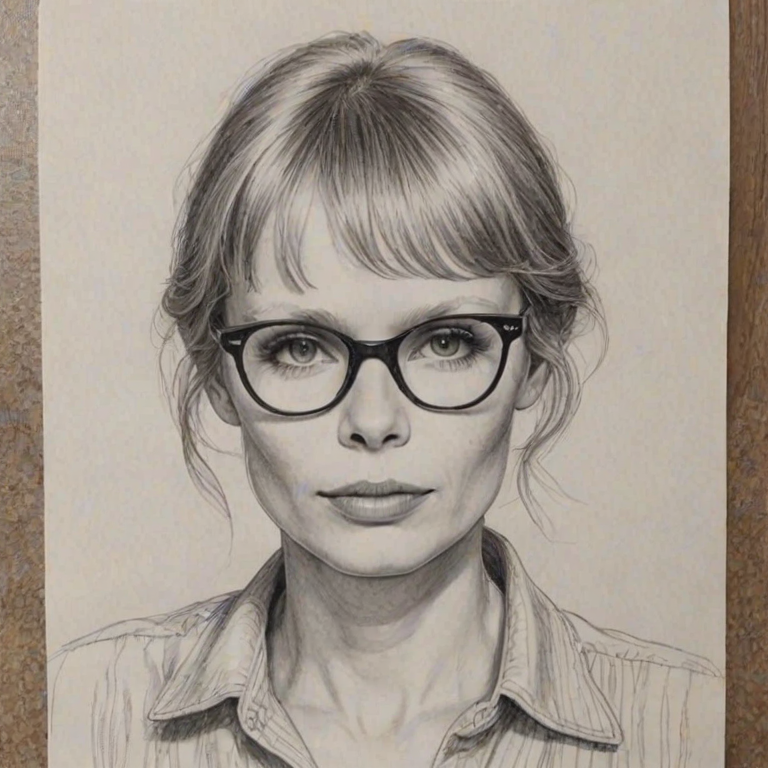 Comely Mia Farrow, pencil sketch, portrait of Pleasing woman 1969s in glasses, hair style beatnik, outline, clear lines, fine lines, 8k