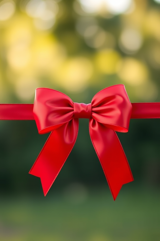 Generate a high-resolution image of a red ribbon bow with flowing tails, using a Canon EOS R5 camera, 50mm lens, f/2.8 aperture, ISO 100, natural lighting, shallow depth of field for a soft background.