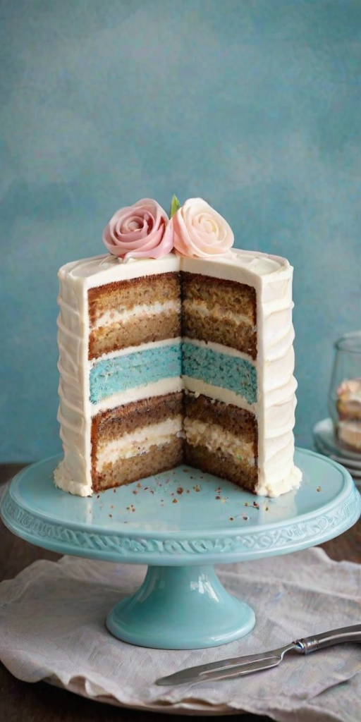 Create a visually appealing image of a multi-layered cake with a white frosting that has a swirl design on top. The cake should have visible layers of dark filling and be presented on a light blue cake stand. Include a slice of the cake removed to showcase the layers inside. The background should be simple and elegant, highlighting the cake as the main focus.