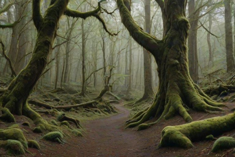 A winding stone path extends into the distance, with a gnarled tree with sparse leaves on its left side and its trunk partially exposed. On the right side is a dense forest covered in moss and vegetation. The entire scene is shrouded in a quiet and mysterious atmosphere, giving a sense of venturing into an unknown world. high-quality image, ultra-detailed, photorealistic painting by greg rutkowski.