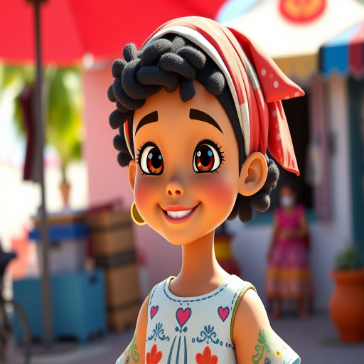 Generate a colorful animated character of a smiling girl with short curly hair and a headscarf, wearing a simple dress with decorative patterns, in a vibrant outdoor scene, shot with a Canon EOS R5, ISO 100, aperture f/2.8, 50mm lens, in natural daylight to enhance image quality.