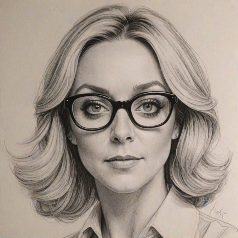 Enchanting Jane Krakowski, pencil sketch, portrait of Fascinating woman 1975s in glasses, hair style beatnik, outline, clear lines, fine lines, 8k