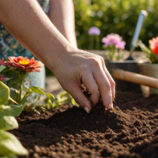 Close-up of a woman’s hands planting seeds in rich soil, surrounded by gardening tools, vibrant flowers blooming in the background, and sunlight illuminating her focused expression.