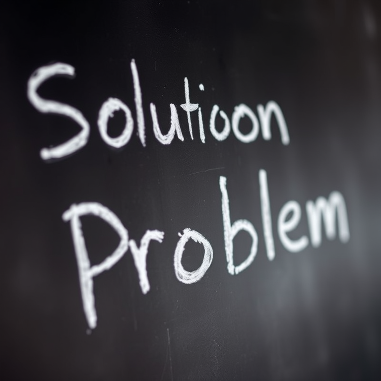 Create an image of a blackboard with the words "Solution" and "Problem" written in white chalk, using a 50mm lens, f/2.8 aperture, ISO 100, with a shallow depth of field, shot from a slight angle to capture texture and depth.
