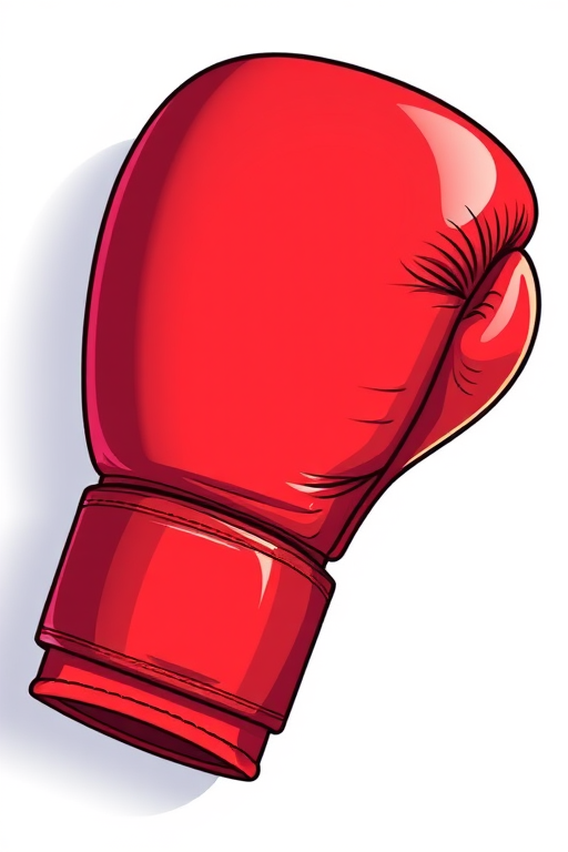 Create a high-resolution cartoon illustration of a red boxing glove on a white background, using a Canon EOS R5 camera at f/8, ISO 100, and a 50mm lens for sharp details and vibrant colors.