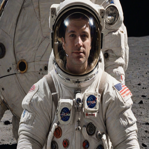A close up of an astronaut with a large Tesco Value logo patch on the arm of his simplistic spacesuit, the front of the suit has some basic looking dials and switches, on the moon