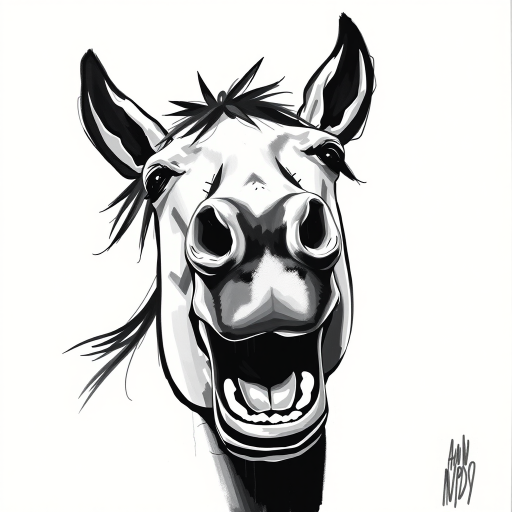 Abstract black and white acrylic portrait of an over exaggerated laughing (horse). Minimalism style. White background.