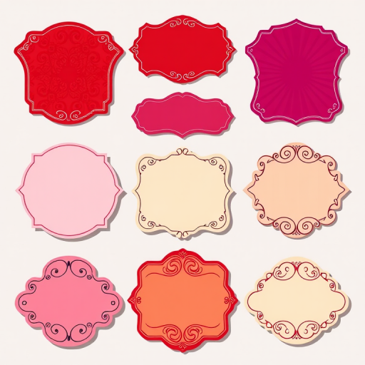 Create a set of nine decorative label shapes in a grid format, featuring bold colors like red, purple, pink, and beige with elegant scrollwork elements; use a Canon EOS R5, aperture f/2.8, ISO 100, 24mm lens, natural lighting for enhanced clarity and vibrant color accuracy, captured from an above perspective.