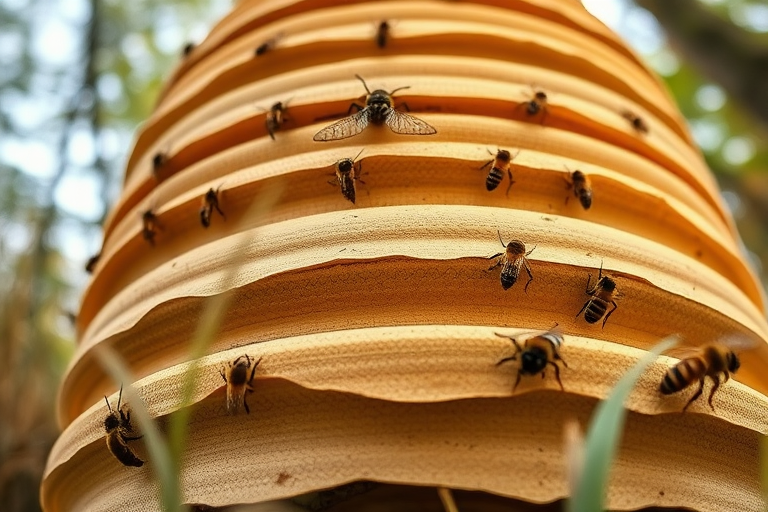 Create a detailed illustration of a beehive with smooth curves and distinct layers, using a soft focus lens with an aperture of f/8 for deeper depth of field, shot from a low angle to emphasize its height, using a high-resolution DSLR camera at 24mm focal length.