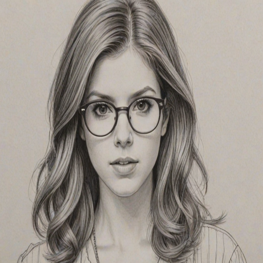 Comely Anna Kendrick, pencil sketch, portrait of Splendid woman 1978s in glasses, hair style beatnik, outline, clear lines, fine lines, 8k