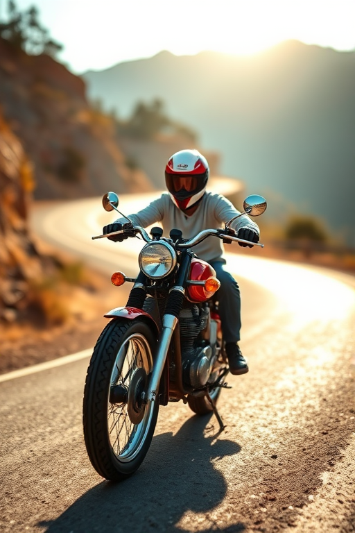 capture a vintage motorcycle rider on a winding road under bright sunlight with a blurred background, use a DSLR camera, f-stop 2.8, shutter speed 1/1000s, ISO 100, 35mm lens, shallow depth of field, and vibrant colors