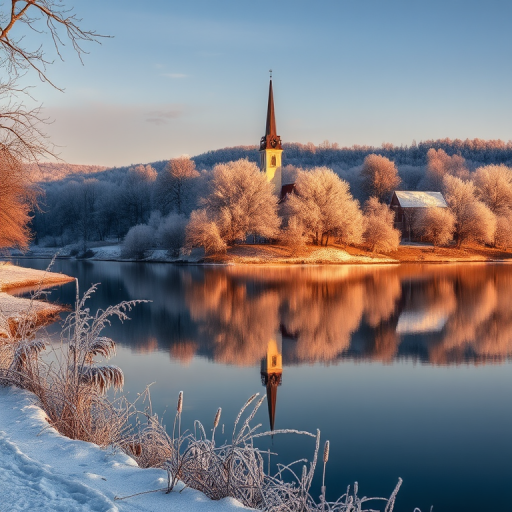 a serene winter landscape featuring a church and frost-covered trees reflected in a calm lake during early morning light, using a DSLR camera, 24mm lens, aperture f/8, ISO 100, shutter speed 1/125 sec, HDR effect for enhanced detail and color saturation
