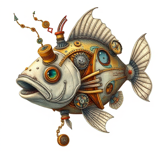 Create a highly detailed illustration of a steampunk fish with mechanical elements, using a Canon EOS R5, 50mm lens, f/2.8 aperture, ISO 100, focus on intricate details, with a clear view and high contrast to enhance textures and forms.