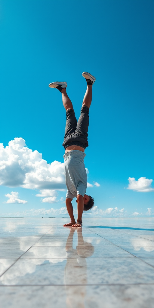 a person doing a handstand on a reflective surface with a bright blue sky and fluffy clouds in the background, shot with a Canon EOS R5, 24mm lens, f/8 aperture, ISO 100, 1/200 second shutter speed, landscape orientation, HDR style for enhanced details