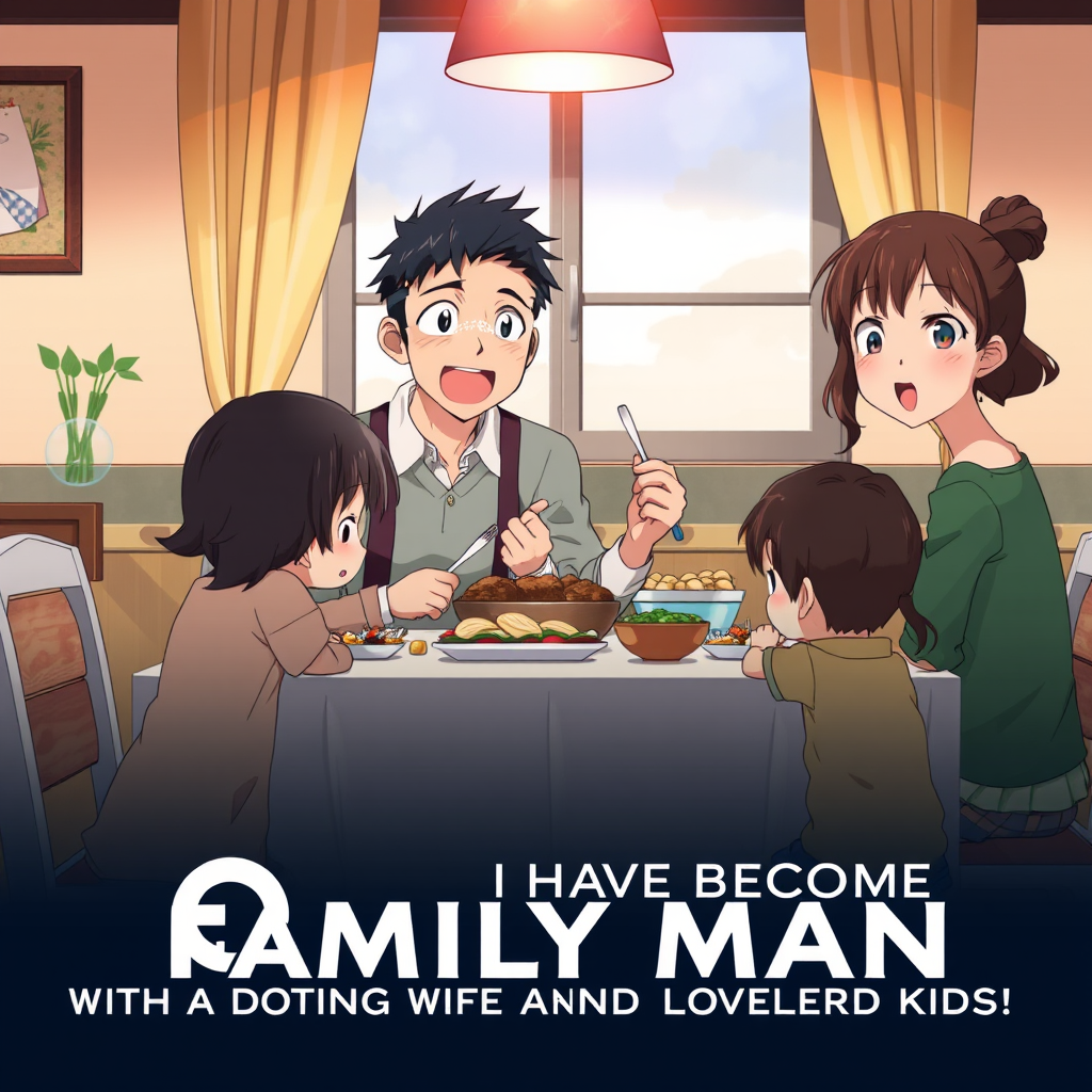 isekai anime style poster depicting a happy Family of four, a surprised dad sitting at a table with his wife and two kids eating something; the movie title clearly reads "OH NO! I HAVE BECOME A FAMILY MAN WITH A DOTING WIFE AND LOVABLE KIDS!", written in clear and exact letters