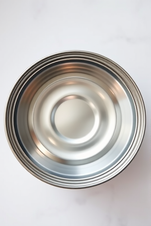 Generate a high-resolution image of an open tin can with a smooth surface and detailed lid, captured with a DSLR camera, 50mm lens, aperture f/2.8, shutter speed 1/100s, ISO 200, top-down view, soft natural lighting.