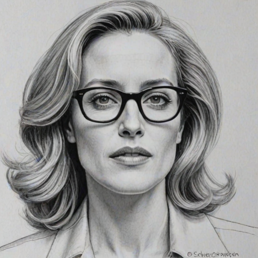 Splendid Gillian Anderson, pencil sketch, portrait of Captivating woman 1975s in glasses, hair style beatnik, outline, clear lines, fine lines, 8k