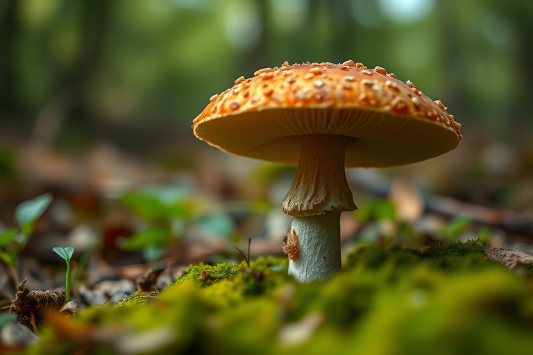 Mushroom in a forest setting, close-up, shallow depth of field, f/2.8, 1/200s, ISO 100, natural lighting, DSLR, macro lens, vibrant colors and details.