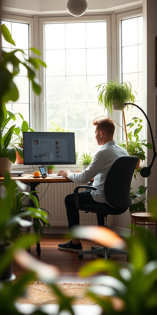 A cozy home office scene featuring a person working at a desk with a computer, surrounded by various indoor plants, large windows with natural light, soft focus background, taken with a Canon EOS R5 using a 50mm lens, aperture f/1.8, ISO 200, and a warm color grading for a serene atmosphere.